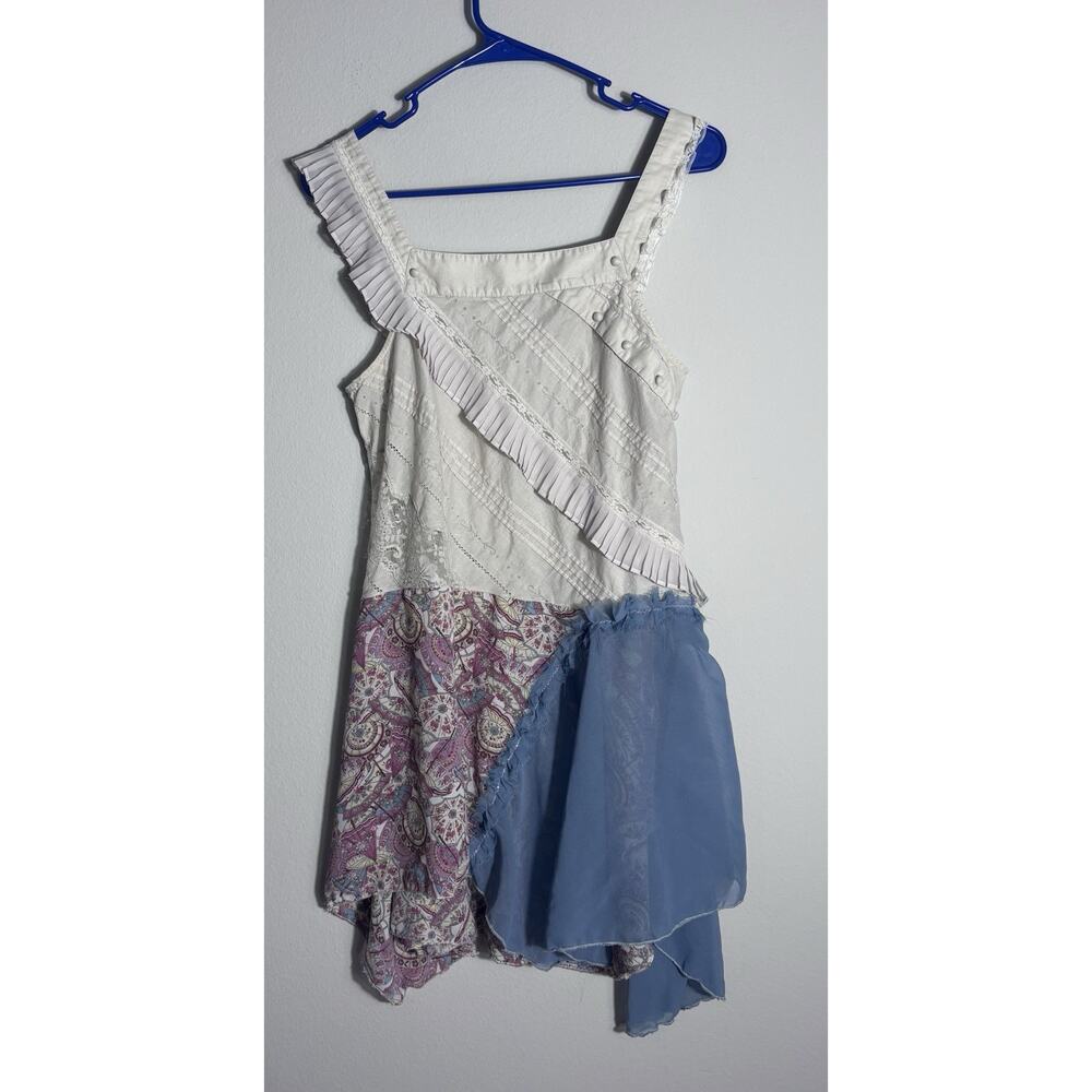 Patchwork Fairy Dress Asymmetrical Lace, Printed Fabric Short Sleeve Size S Y2k